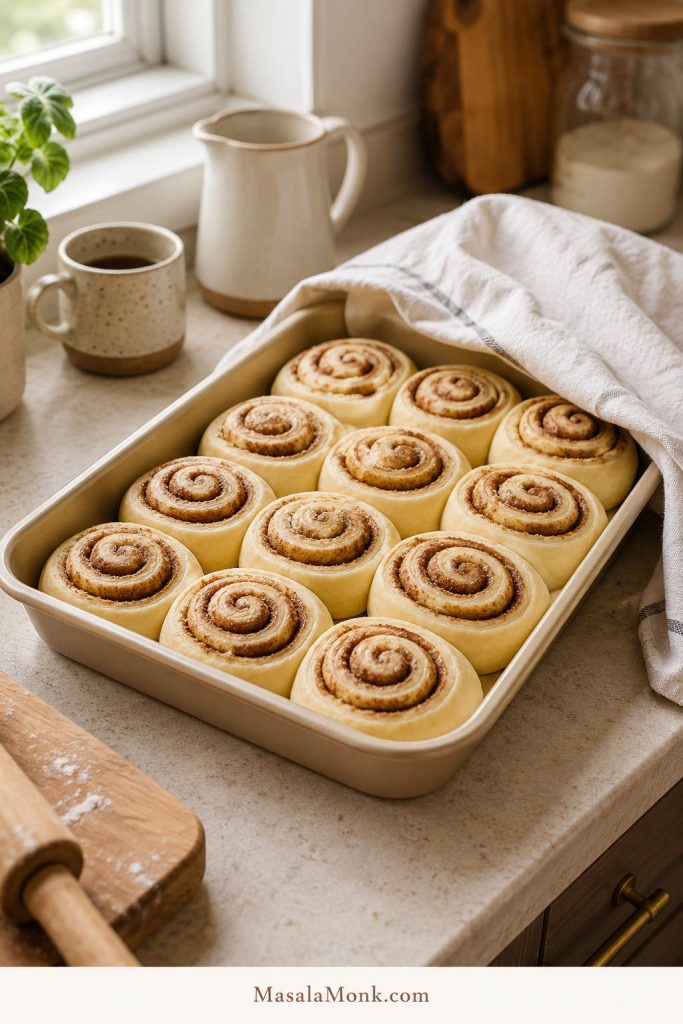 Overnight cinnamon rolls resting in the morning before baking