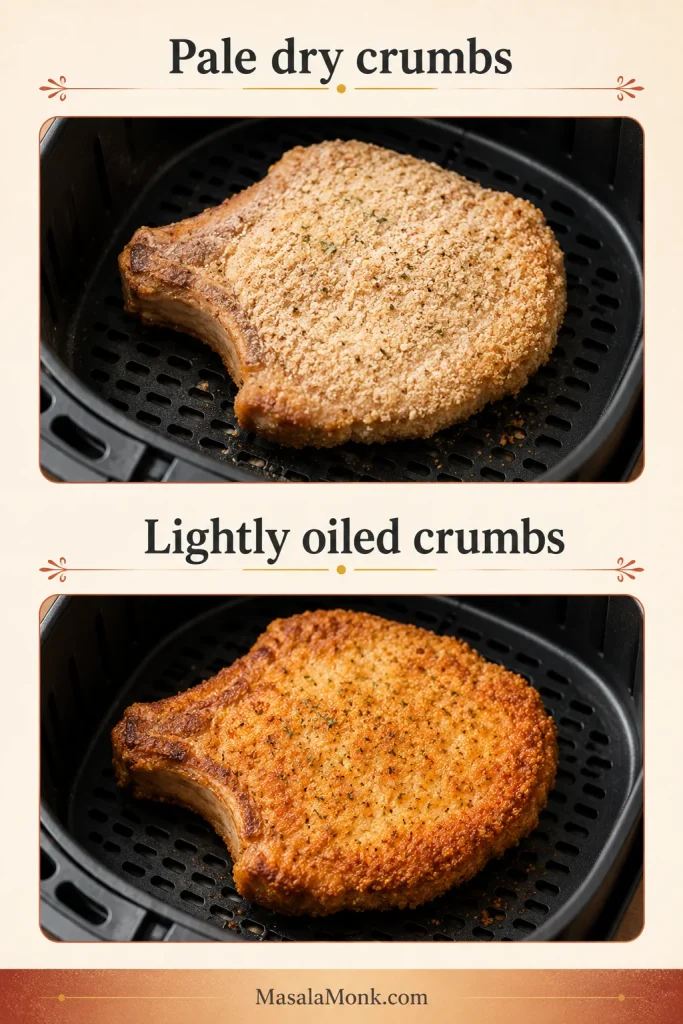 Comparison guide showing pale dry breading and lightly oiled golden breading on air fryer pork chops.