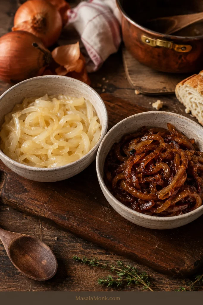 Pale softened onions beside deep golden caramelized onions for French onion soup comparison.