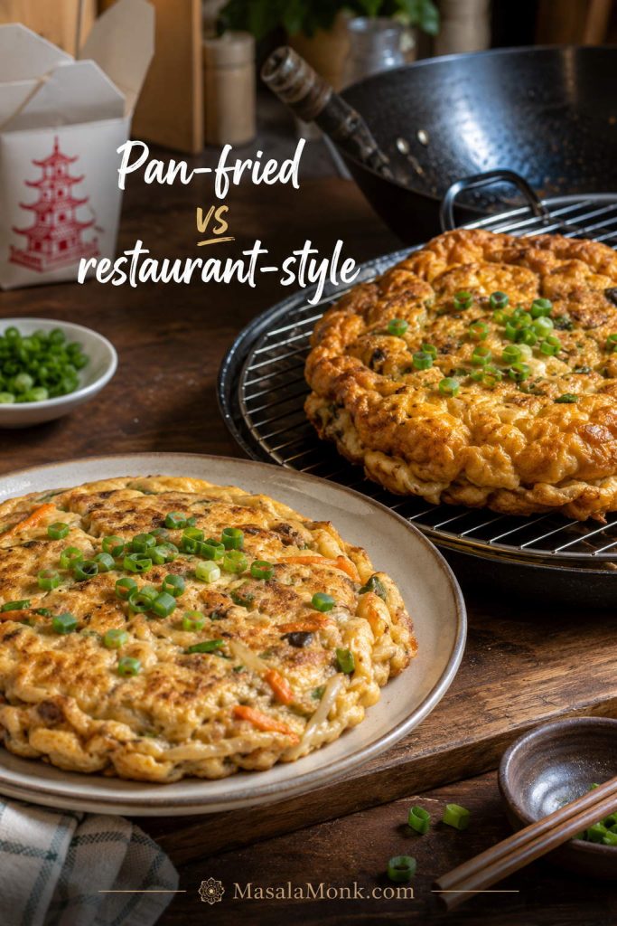 Pan-fried Egg Foo Young patty compared with a puffier restaurant-style patty near a wok and wire rack.