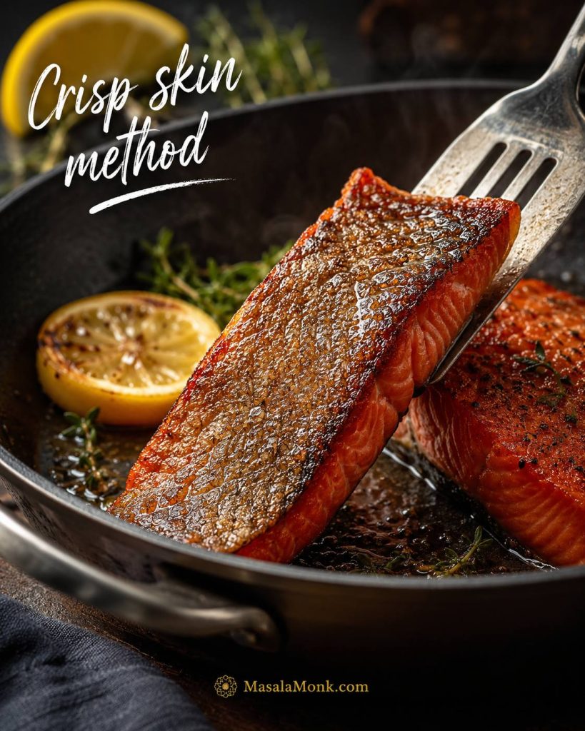 Pan-seared sockeye salmon lifted from a skillet to show crisp golden-brown skin.