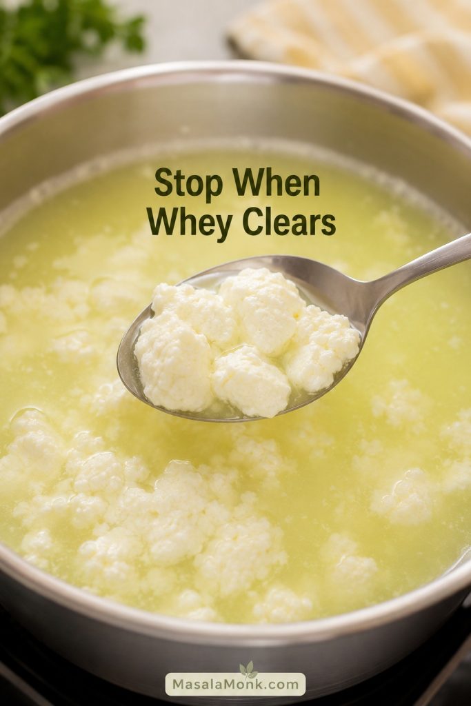 Soft white paneer curds forming in pale yellow-green whey inside a pot, with a spoon lifting the curds.