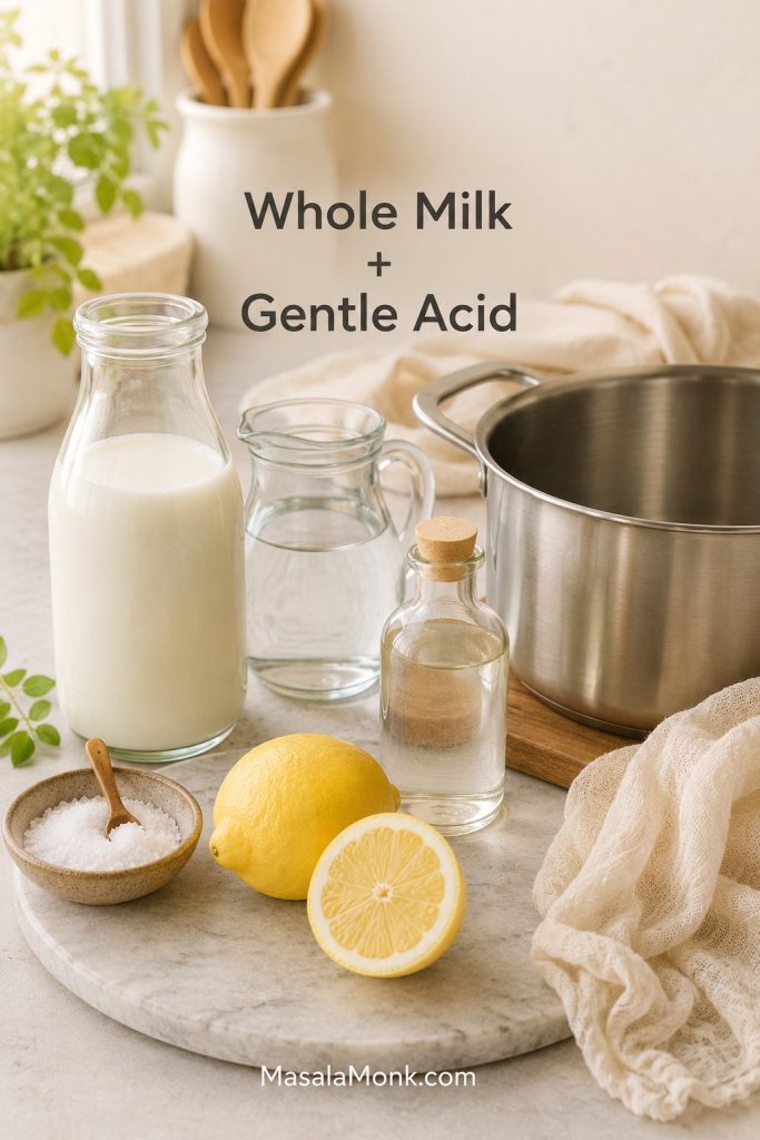 Whole milk, lemon, vinegar, water, salt, muslin cloth, and a cooking pot arranged for making paneer at home.