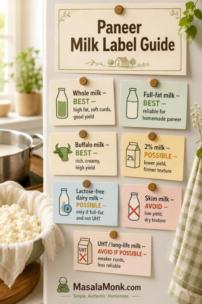Milk label guide showing whole milk, full-fat milk, buffalo milk, 2 percent milk, lactose-free milk, skim milk, and UHT milk for paneer.