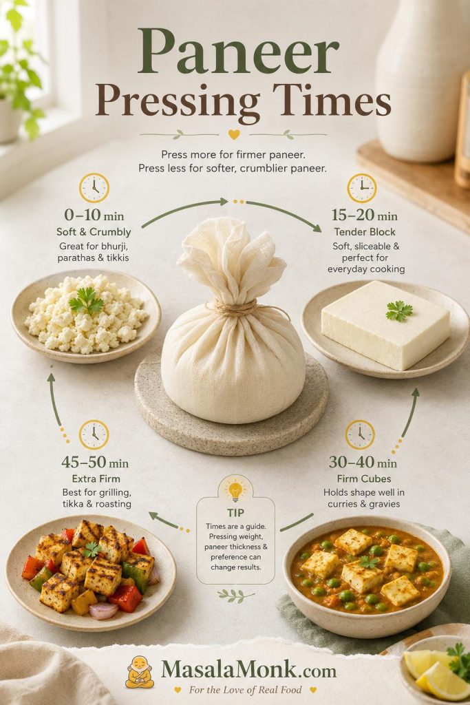 Paneer pressing guide showing soft crumbles, a tender block, curry cubes, and firmer tikka cubes with time cues.