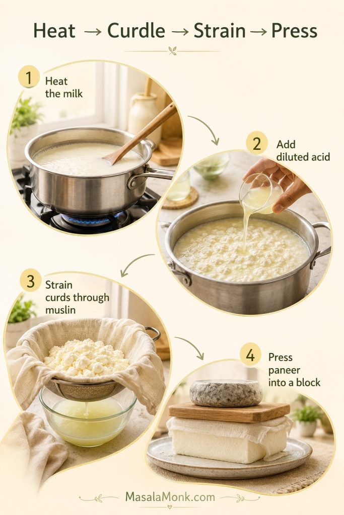 Four-step paneer process showing milk heating, diluted acid being added, curds strained through muslin, and paneer being pressed.