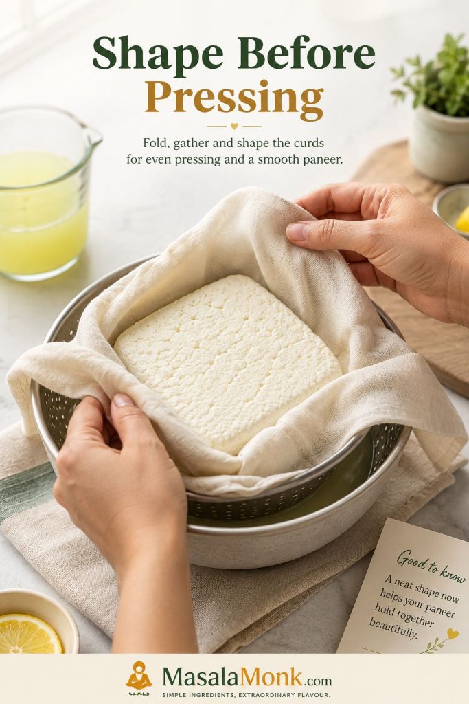 Hands folding muslin around drained paneer curds to shape them into a block before pressing.