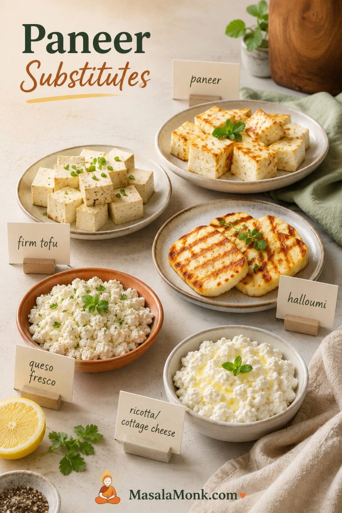 Small plates of paneer, firm tofu, halloumi, queso fresco, and ricotta or cottage cheese arranged for comparison.