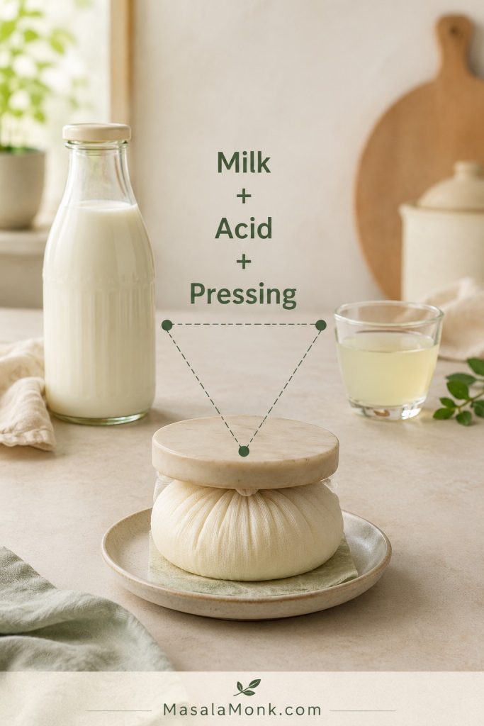 Milk, diluted acid, and paneer wrapped in muslin under a light weight shown as the three main texture factors.