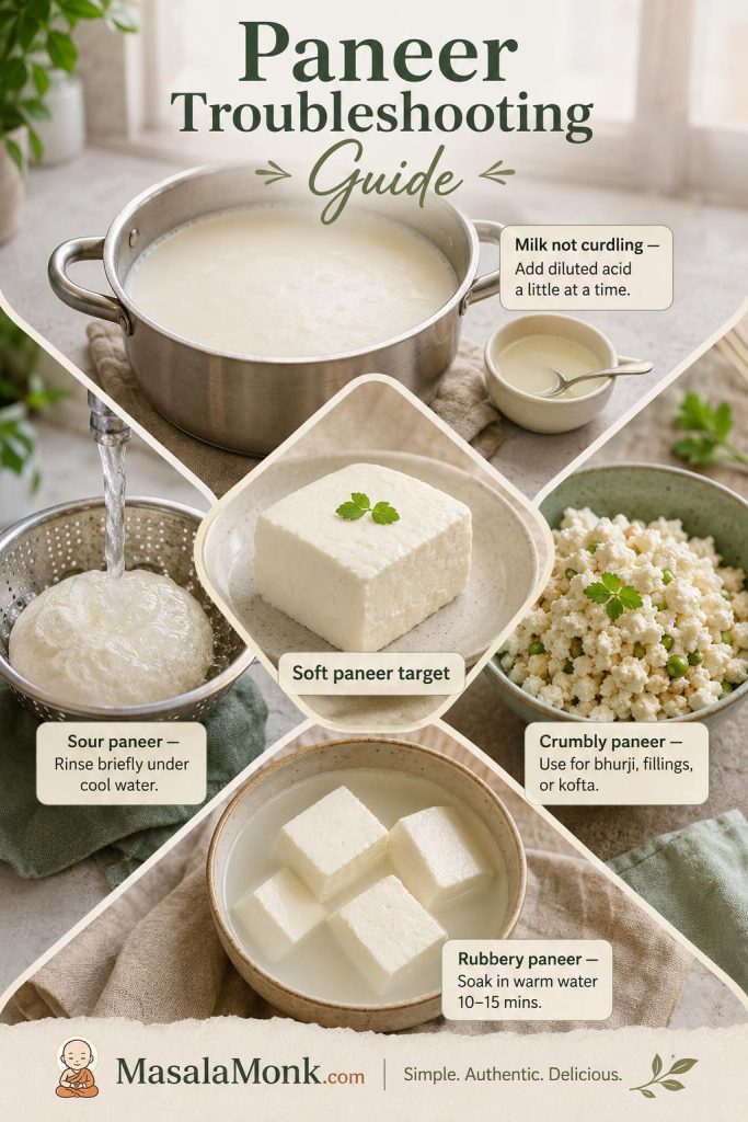 Paneer troubleshooting guide showing milk not curdling, sour paneer, crumbly paneer, rubbery paneer, and a soft paneer target.