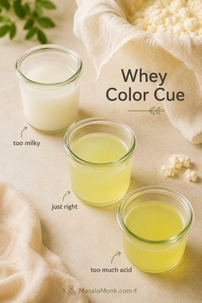Three glasses showing milky whey, clear pale yellow-green whey, and over-acidified whey for making paneer.