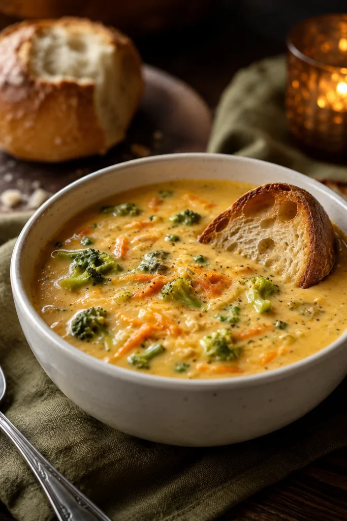Café-style bowl of broccoli cheddar soup with visible broccoli, shredded carrot, creamy cheddar base, and crusty bread.