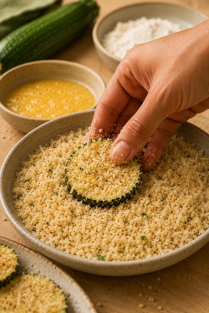 Hand pressing a zucchini round into panko crumbs during breading.