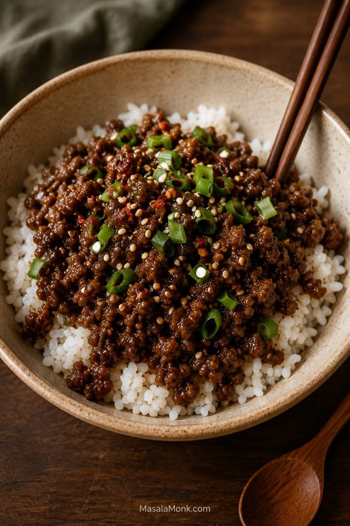 Simple ceramic bowl of white rice topped with ground beef, chopped scallions, sesame seeds, and chili flakes.