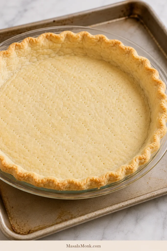 Lightly par-baked pie crust with fork holes in a pie dish on a rimmed baking sheet.