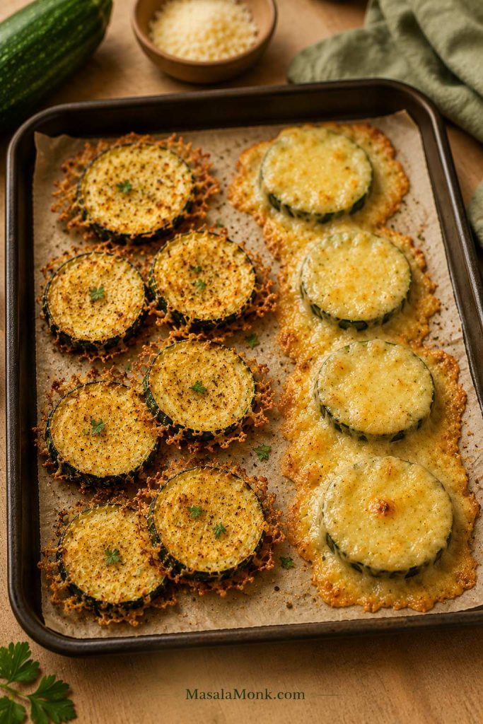 Zucchini rounds on a tray showing light lacy parmesan coating beside heavy melted cheese coating.