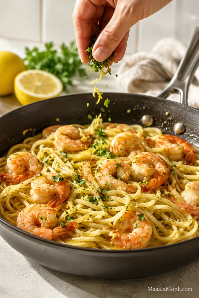 Parsley and lemon zest being sprinkled over finished shrimp scampi pasta in a skillet.