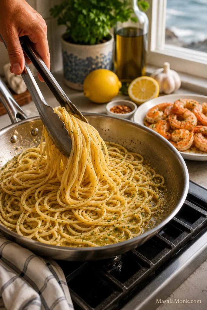 Pasta being tossed in garlic butter sauce while cooked shrimp waits on a plate beside the skillet.