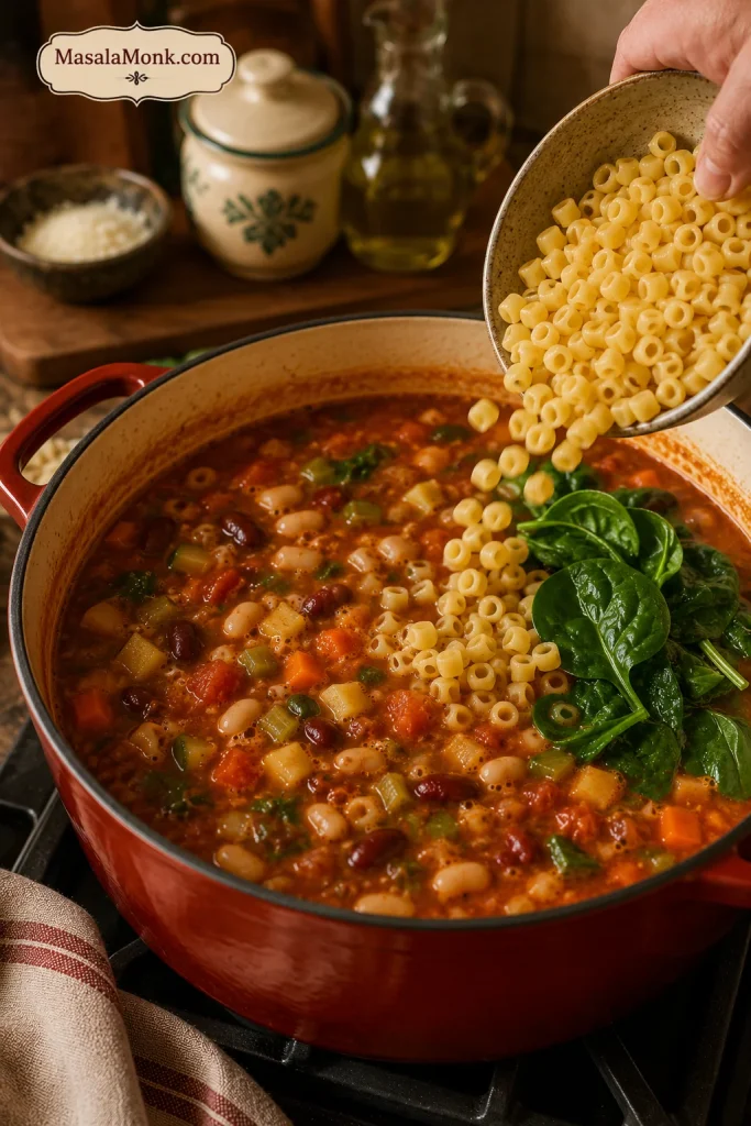 Small pasta being poured into a pot of minestrone soup with spinach added near the end of cooking.