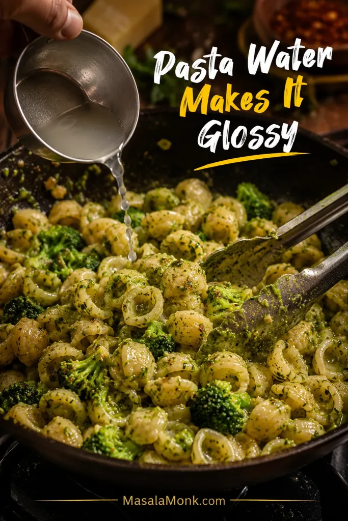 Starchy pasta water being poured into a skillet of short broccoli pasta while tongs toss the glossy sauce, with text reading “Pasta Water Makes It Glossy.”