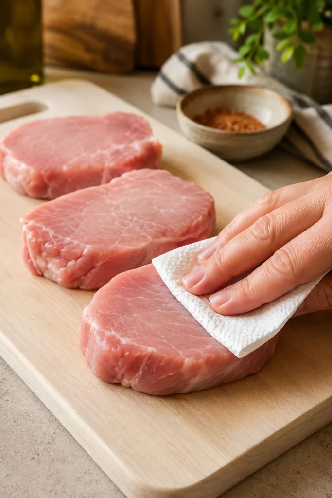 A hand patting raw boneless pork chops dry with a paper towel on a cutting board.