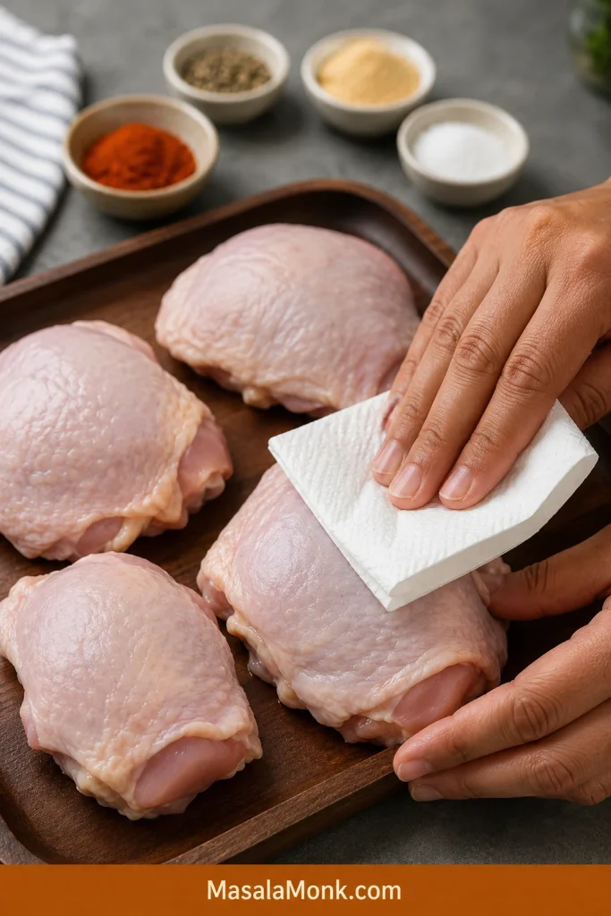 Hands patting raw chicken thighs dry with a white paper towel before seasoning.
