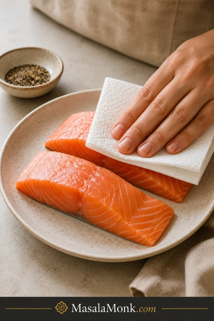 Hand pressing a paper towel onto raw salmon fillets on a beige plate.