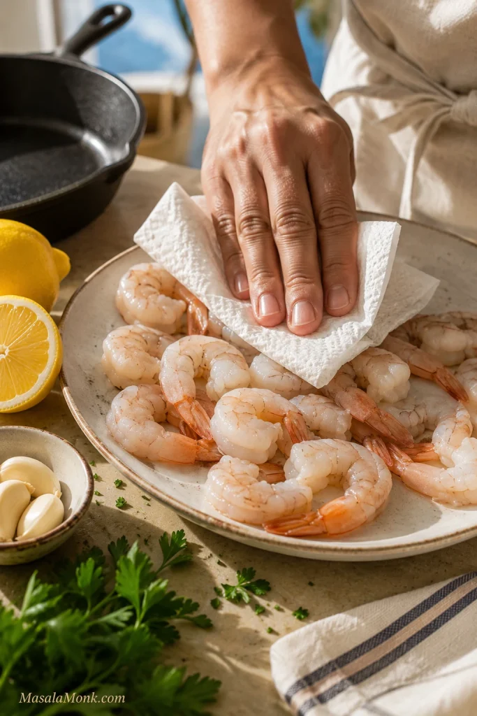 Raw shrimp being patted dry with a paper towel before making shrimp scampi.