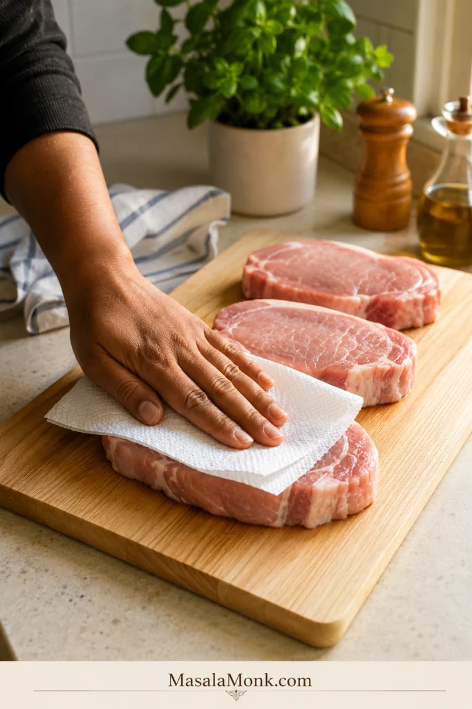 A hand pats raw pork chops dry with a paper towel on a wooden cutting board.
