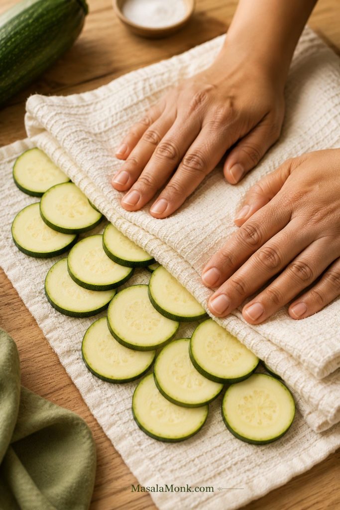 Hands patting zucchini rounds dry between clean towels before cooking.