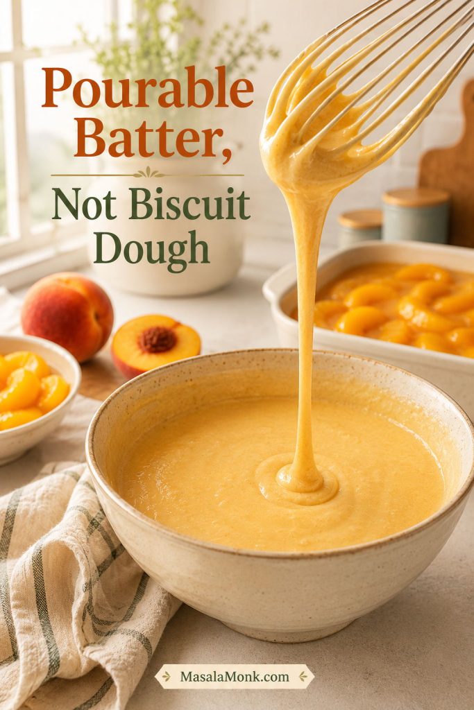 Smooth peach cobbler batter dripping from a whisk into a bowl, showing a pourable texture.