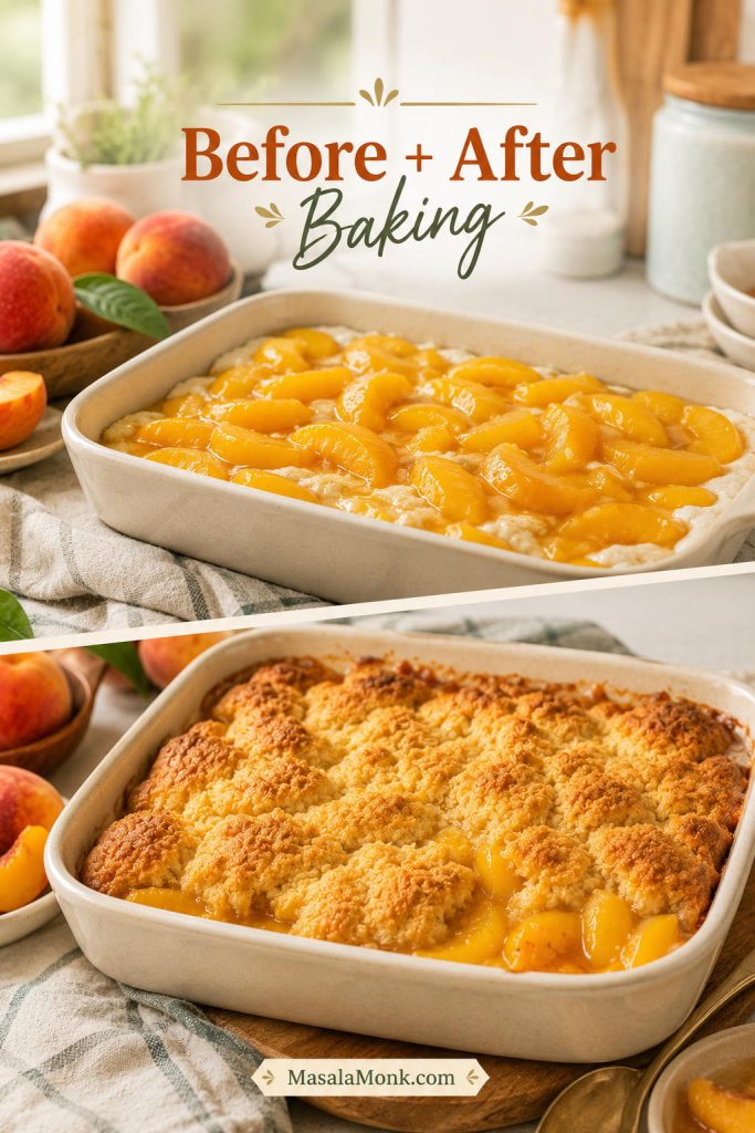Before and after view of peach cobbler showing unbaked peaches over batter and the finished golden topping after baking.