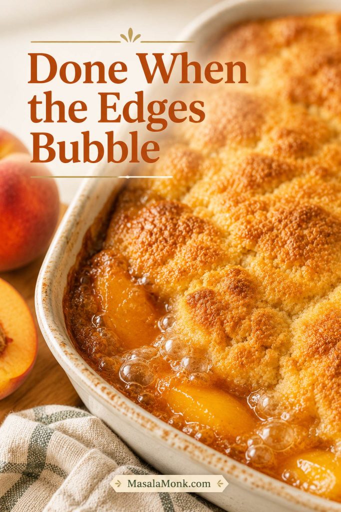 Close view of peach cobbler with golden topping and peach juices bubbling around the baked edges.