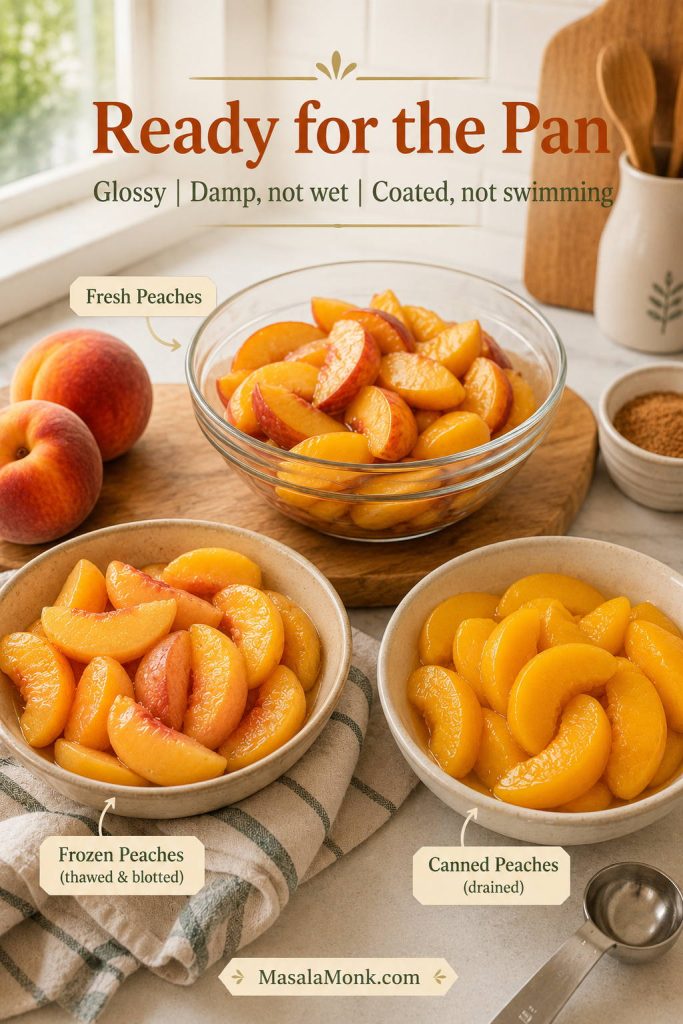 Three bowls of prepared peaches for cobbler: glossy fresh peaches, damp thawed frozen peaches, and drained canned peaches without syrup pooling.