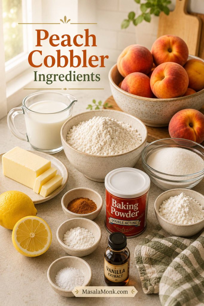 Peach cobbler ingredients arranged on a kitchen counter, including peaches, butter, flour, sugar, milk, lemon, cinnamon, cornstarch, salt, baking powder, and vanilla.