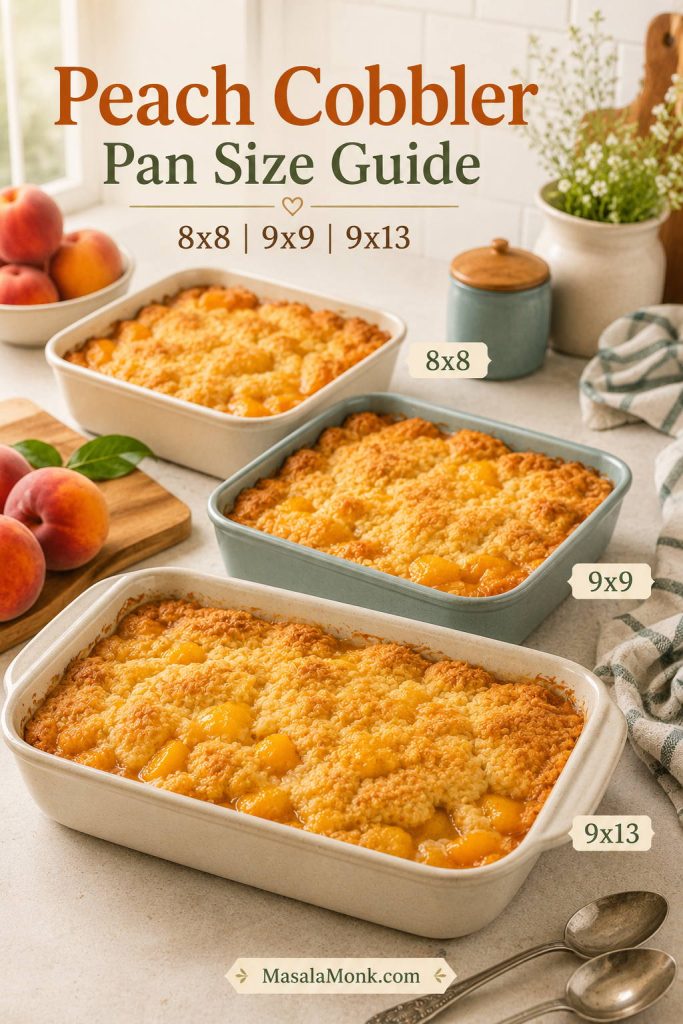 Peach cobbler pan size guide showing 8×8, 9×9, and 9×13 baking dishes filled with cobbler.