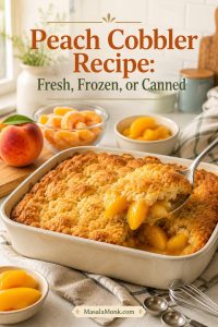 Baked peach cobbler in a 9×13 dish with a spoon lifting golden topping and glossy peach filling, with fresh, frozen, and canned peach cues nearby.
