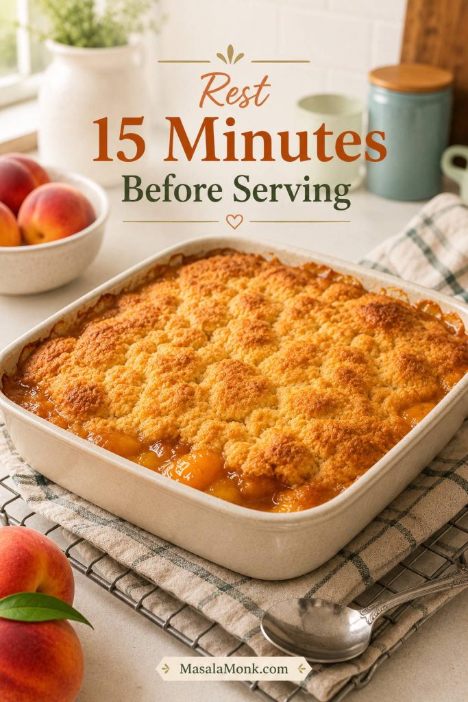 Baked peach cobbler resting on a cooling rack with golden topping and peach filling visible around the edges.