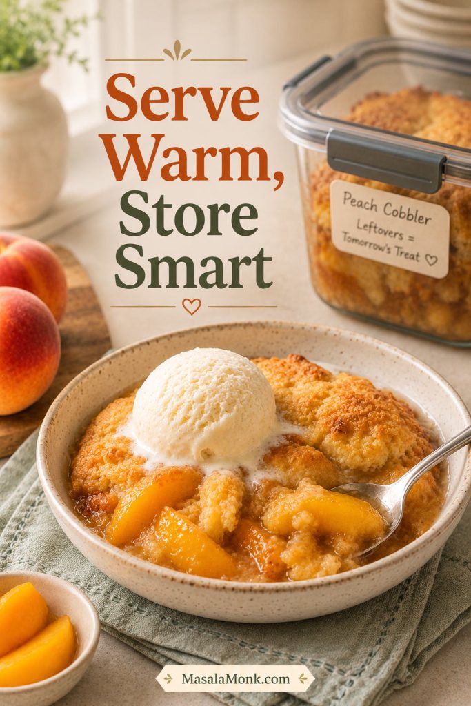Peach cobbler served warm with vanilla ice cream in a bowl, with leftovers stored in a container in the background.