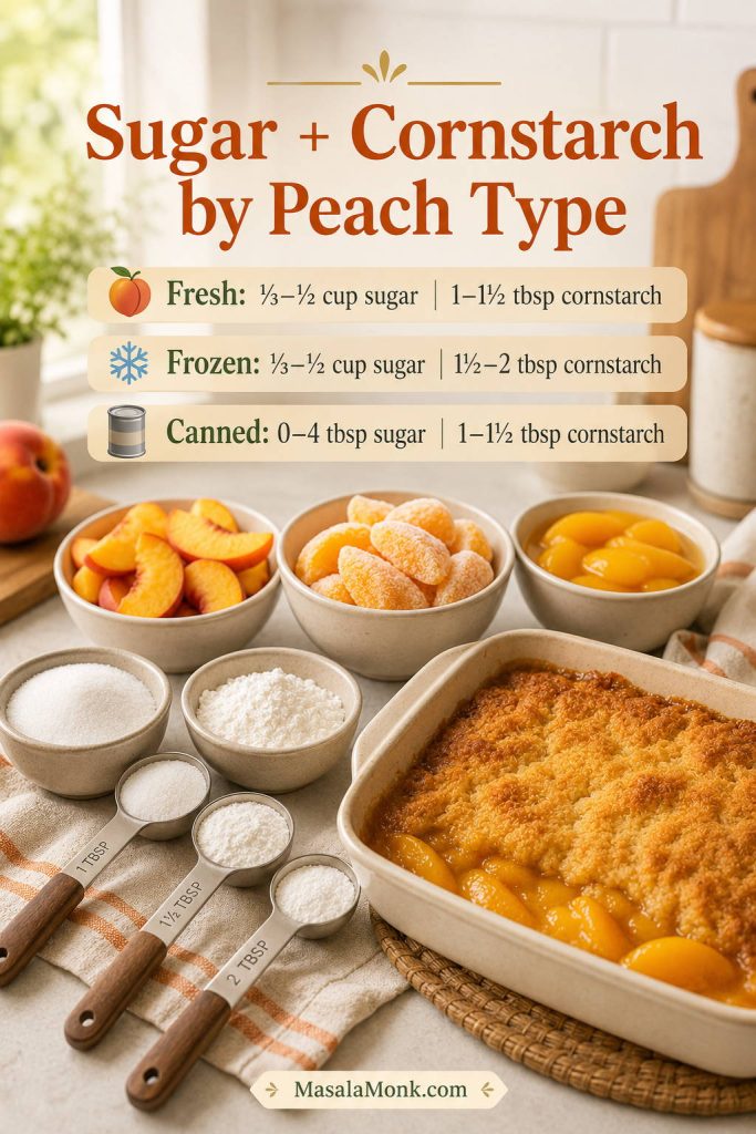 Kitchen guide for peach cobbler sugar and cornstarch amounts by fresh, frozen, and canned peach type.