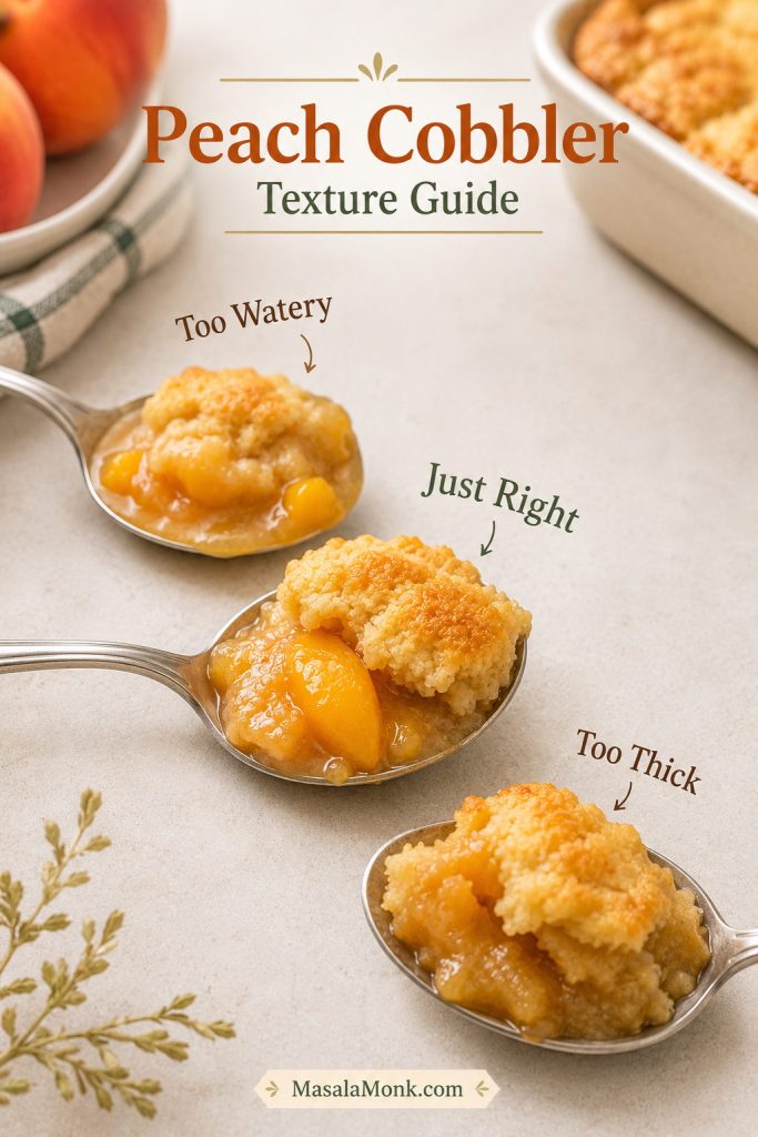 Three spoons of peach cobbler filling labeled too watery, just right, and too thick.