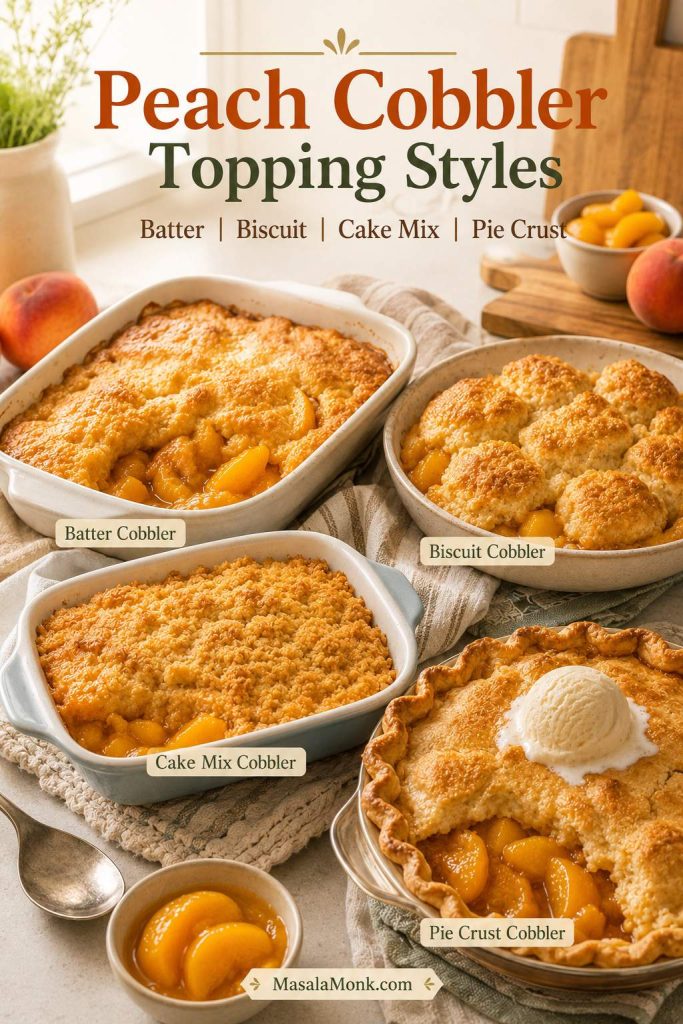 Four peach cobbler topping styles shown together: batter cobbler, biscuit cobbler, cake mix cobbler, and pie crust cobbler.