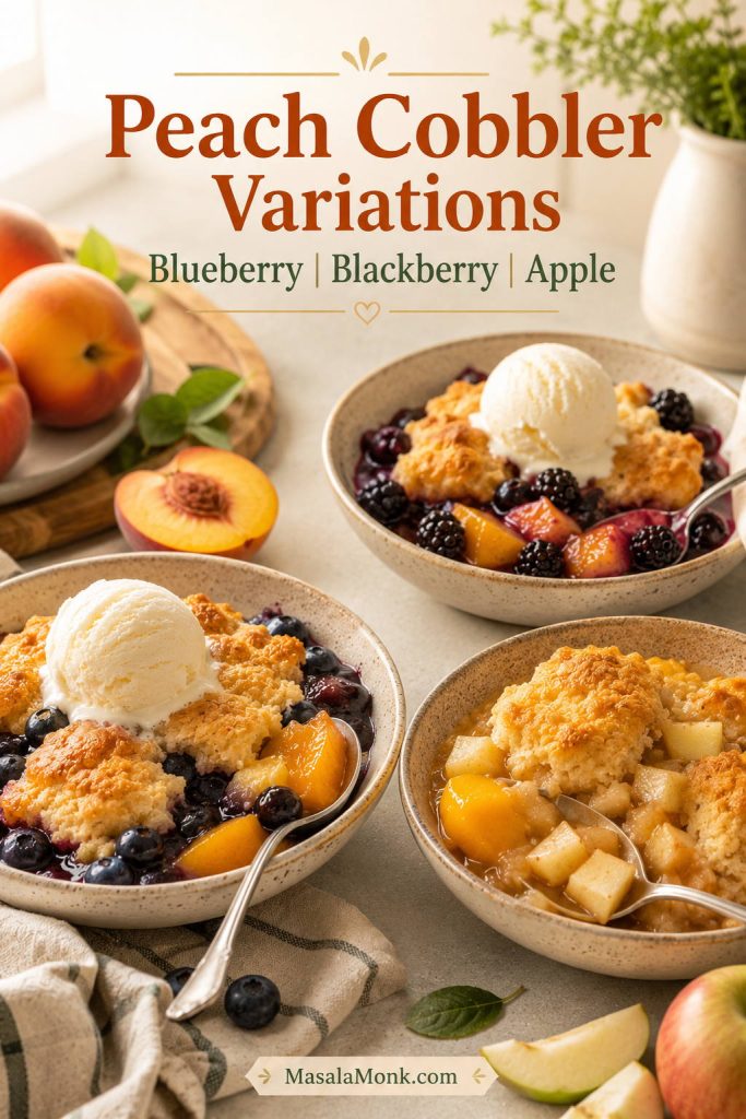 Three peach cobbler variations served in bowls with blueberry peach, blackberry peach, and apple peach fillings.