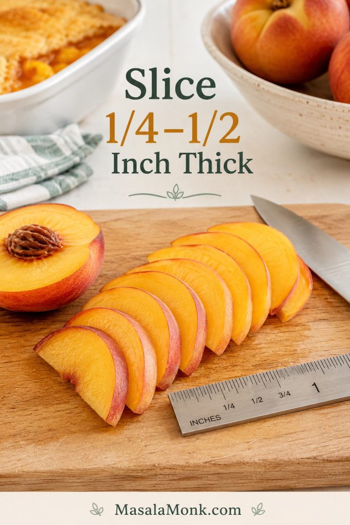 Peach slices arranged with a measurement cue showing slices about one quarter to one half inch thick for cobbler.
