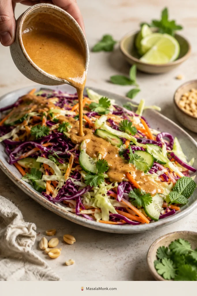 Pourable peanut dressing being drizzled over cabbage, cucumber and carrot slaw.