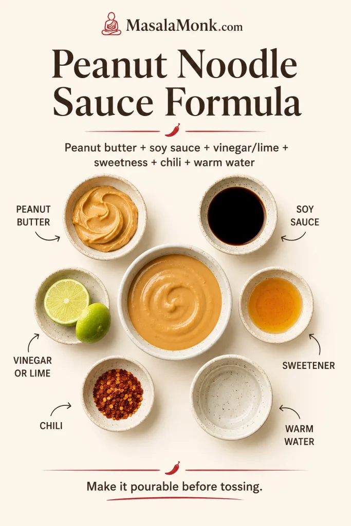 Peanut noodle sauce formula graphic showing peanut butter, soy sauce, vinegar or lime, sweetener, chili, warm water, and sauce