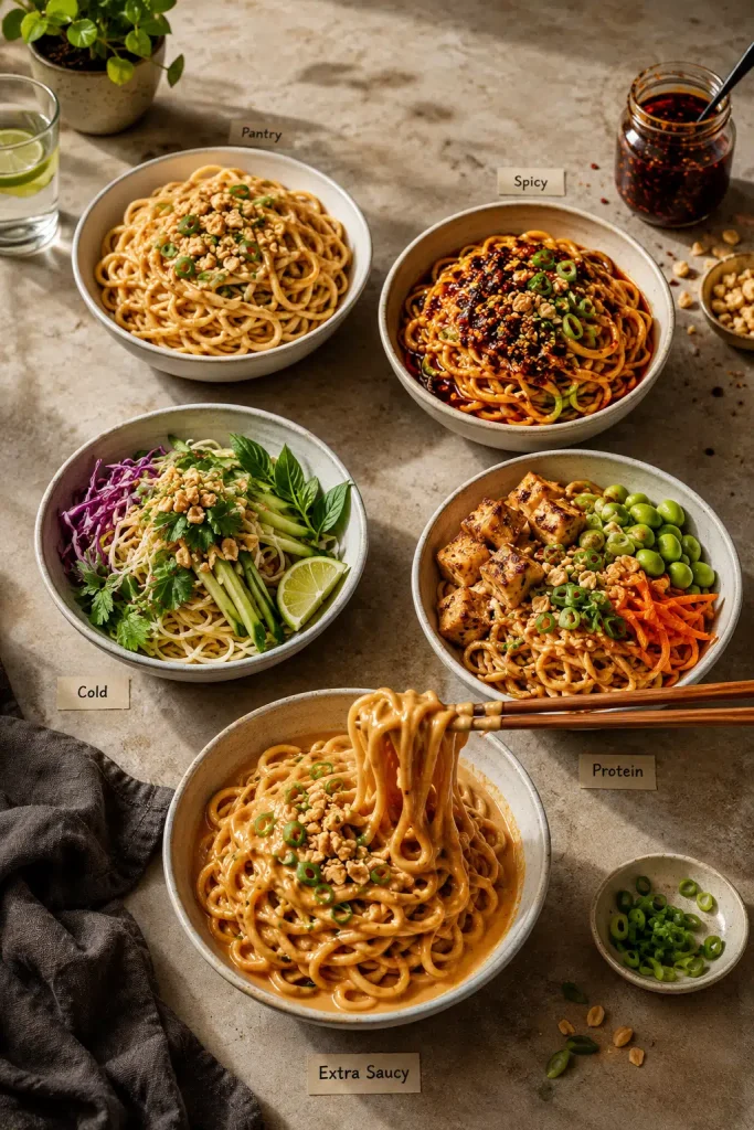 Five peanut noodle bowls showing pantry, spicy, cold, protein, and extra-saucy variations