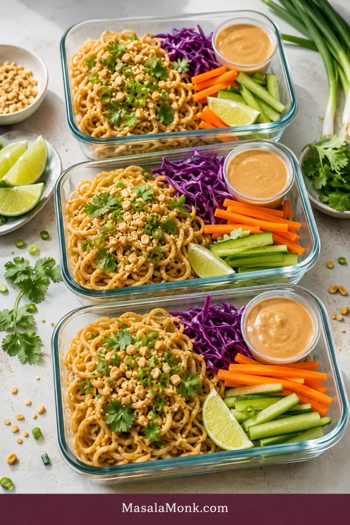 Glass meal prep containers with peanut noodles, vegetables, herbs, peanuts, lime wedges, and separate cups of peanut sauce