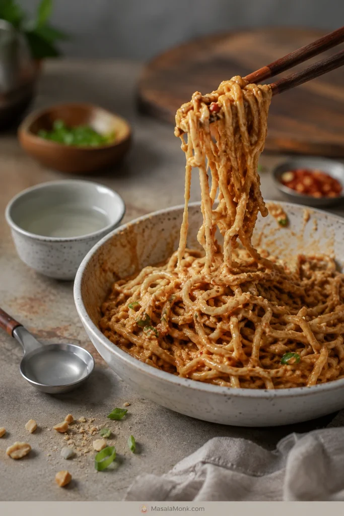 Chopsticks lifting peanut noodles that have clumped because the sauce is too thick.