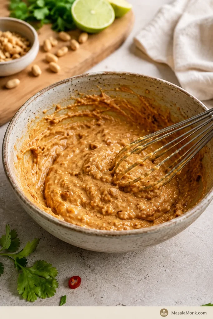 Thick clumpy peanut sauce in a bowl with whisk marks before enough liquid has been added.